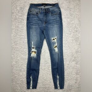 Judy Blue Jeans Womens 27 Skinny Leopard Print Cut Outs Distressed Holes Raw Hem